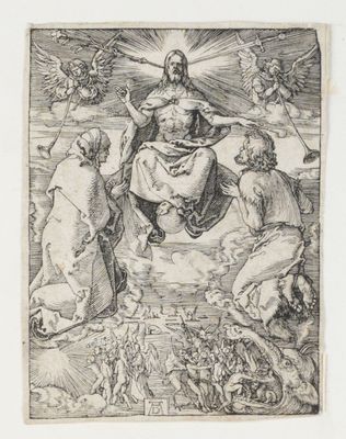 dessin représentant Jésus sur la croix, entouré d'anges et d'anges