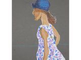 a painting of a woman in a dress and a blue hat