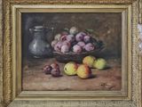 an oil painting of plums and apples in a bowl on a table