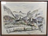 a picture of a painting of a village in the mountains