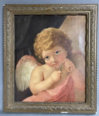 painting of a child with angel wings in a gold frame on a blue wall