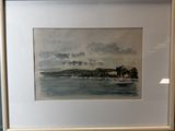 framed watercolor painting of a view of a beach with a sailboat in the water