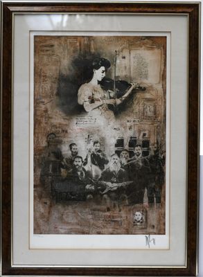 painting of a woman playing a violin in front of a group of men