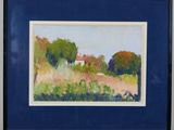 a picture of a painting of a house in a field
