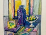 a watercolor painting of a table with a bowl of fruit on it