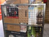 a metal cart with several boxes on top of it