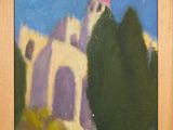 une peinture à l'huile représentant un bâtiment au toit rose, dans un cadre en bois