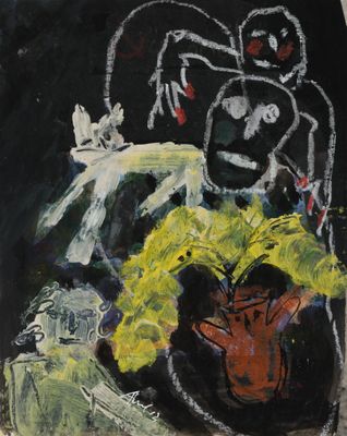 an image of a painting of a vase with flowers in it