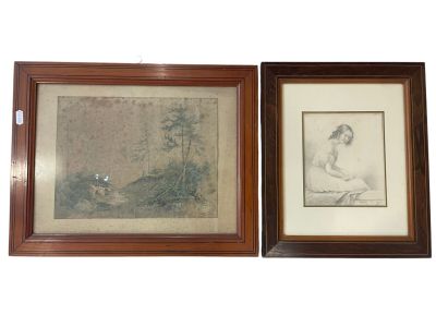 two framed pictures of a woman sitting on a bench in front of a river