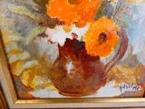 a painting of oranges in a brown vase on a table