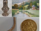 pictures of a gold coin and a necklace with a picture of a church