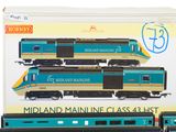 a blue and yellow train on display in front of a box