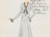 dessin représentant une femme en tailleur gris avec une cravate verte