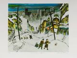 painting of children playing in the snow in front of a cityscape