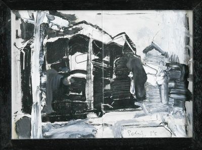une peinture en noir et blanc représentant un vieux camion dans la rue