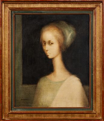 Luis ALVAREZ (1932-1997) : Portrait de femme au fichu vert. - Photo 1