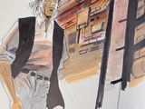 drawing of a man standing in front of a bus with a hat on his head
