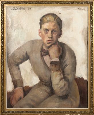 une peinture à l'huile représentant un homme assis sur une chaise, la main posée sur le menton