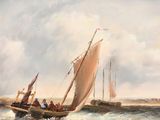 a painting of a group of sailboats in the water