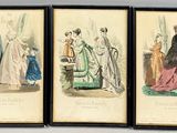 three antique fashion plates of women in dresses and hats