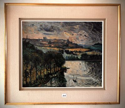 painting of a landscape with a river in the foreground and a castle in the distance
