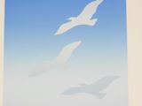 two birds flying in the blue sky above the clouds