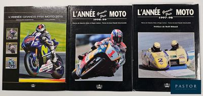 three books of motorcyclists are lined up on a white surface