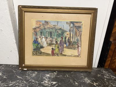 une image représentant un tableau représentant une scène de rue avec des personnes et un chien