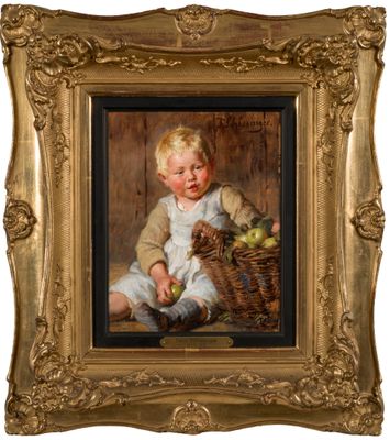an image of a painting of a child with a basket of apples