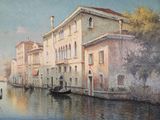 a painting of a canal with a gondola in it