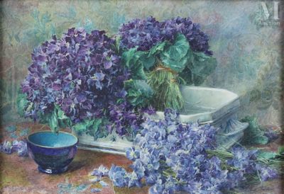 painting of a still life of purple flowers and a blue bowl on a table
