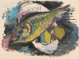 une peinture représentant un poisson et des citrons dans une assiette