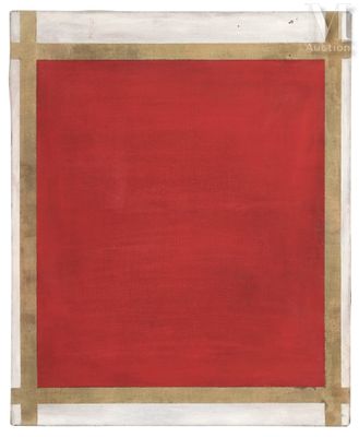 une peinture rouge et or sur fond blanc, bordée d'une bordure dorée