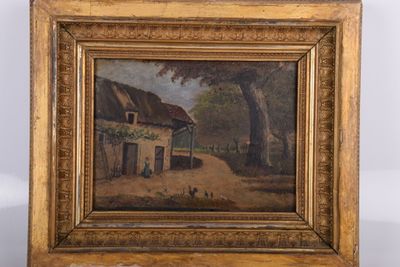 une peinture à l'huile représentant une scène de ferme avec des poules et une grange