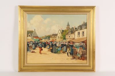 an oil painting of a market scene with people walking around