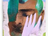 an image of a painting of a man with green hair holding his hands up to his face