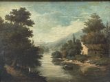 painting of a river scene with a house and a boat in the foreground