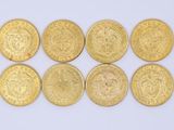 six gold sovereigns are arranged in a row on a white surface