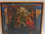 painting of two women sitting at a table with flowers in a vase