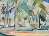 peinture représentant un tableau d'un parc avec des arbres en arrière-plan