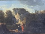 painting of a man and a woman in a landscape with a castle in the background