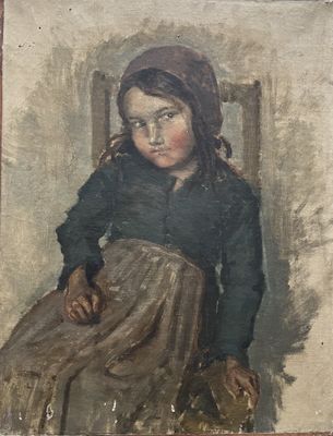 painting of a little girl sitting in a chair with a hat on