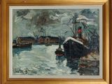 a painting of a boat in the water by the shore