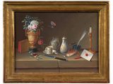 an oil painting of a still life of a teapot, a teapot, a book, a pen, a vase, and other objects