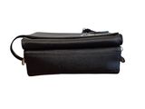 a black leather purse with a zipper on the front