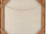 an old picture of a wooden frame hanging on a wall