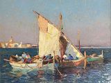 une peinture représentant un bateau avec des personnes à bord, sur l'eau