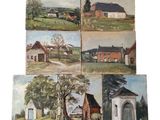 four paintings of houses and a church on a white background