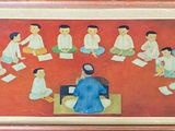painting of a group of people sitting in a circle around a table