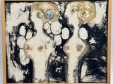 a painting of three vases with flowers in them